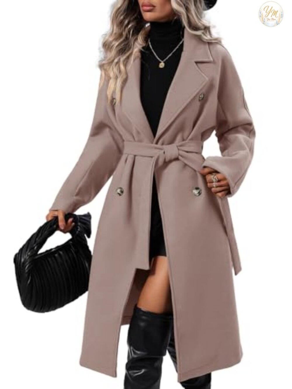 Wool Blend Double Breasted Pea Coat with Removable Belt